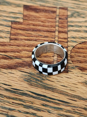 Sterling Silver Round Checkered Inlay Ring