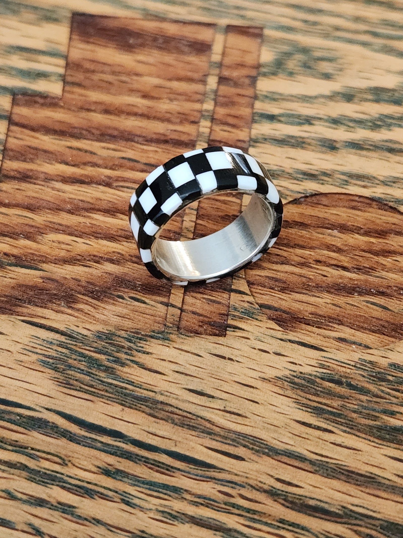 Sterling Silver Round Checkered Inlay Ring