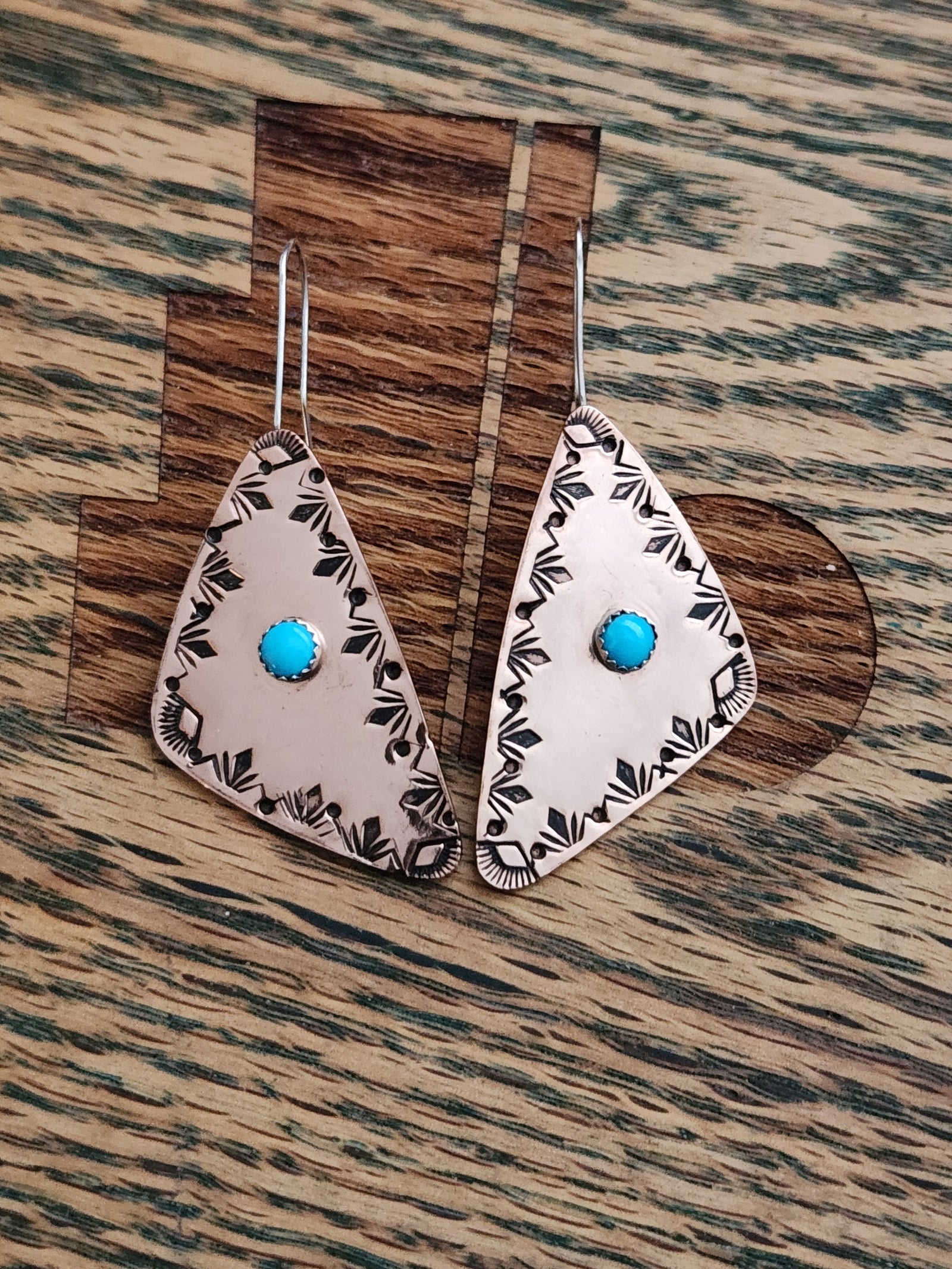 Hand Stamped Copper and Turquoise Dangle Earrings, Sterling Earwires