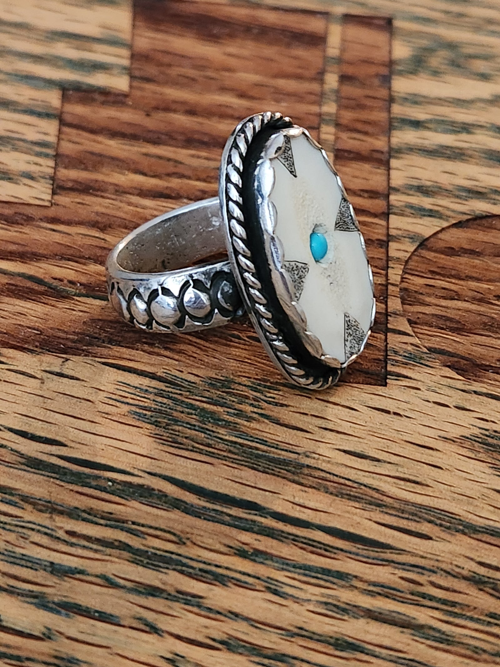 Tufa Cast Sterling Silver with Scrimshaw Moose Antler and Turquoise Ring
