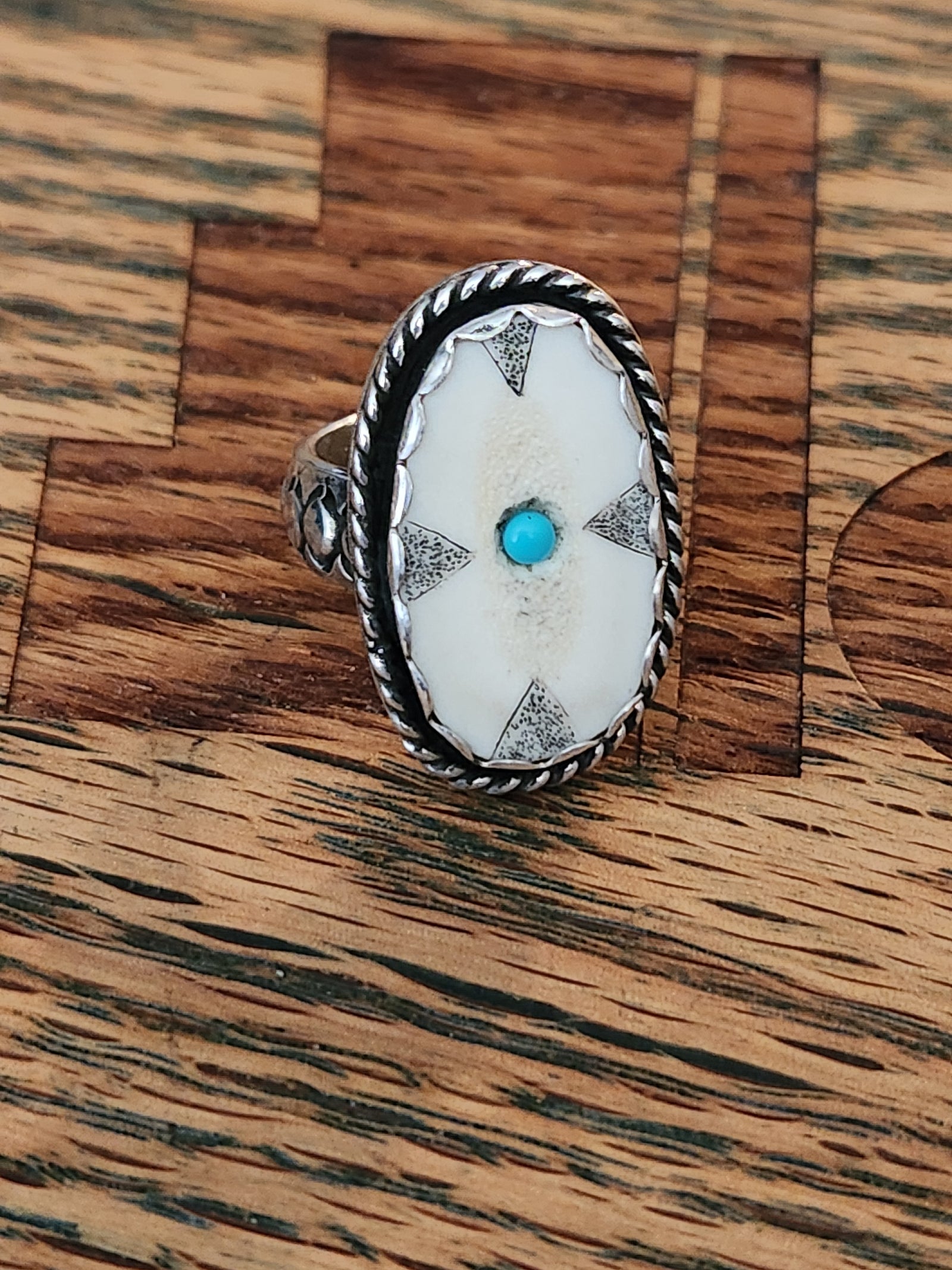 Tufa Cast Sterling Silver with Scrimshaw Moose Antler and Turquoise Ring