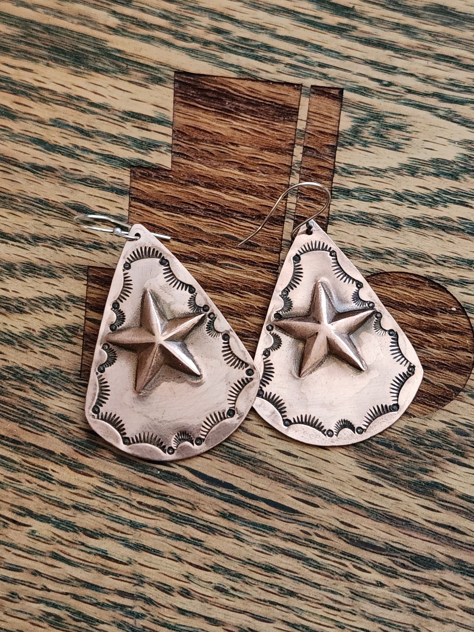 Hand Stamped Copper Dangle Earrings, Repousse Star